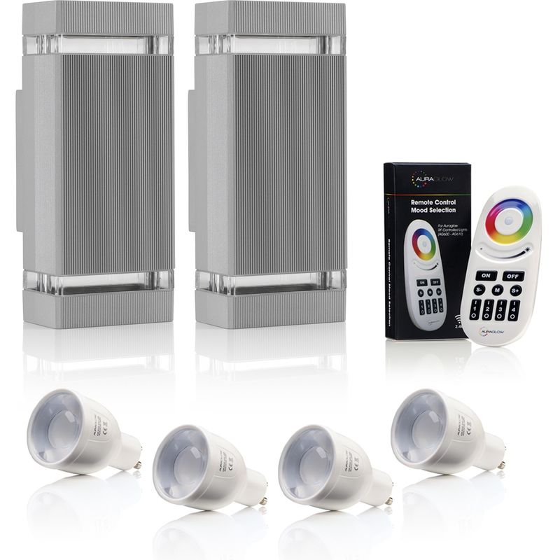 Auraglow RF Remote Control Colour Changing LED Double Up & Down Outdoor Wall Light - Silver - 2 Pack