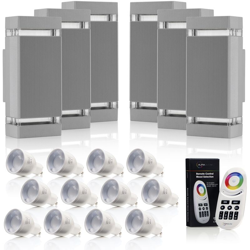 Auraglow RF Remote Control Colour Changing LED Double Up & Down Outdoor Wall Light - Silver - 6 Pack