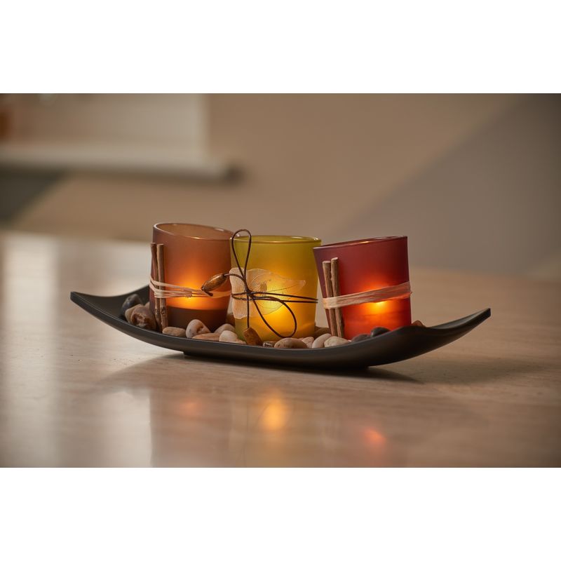 Set of 3 Tea Light Votive Glass Candle Holders with Tray and Decorative Pebbles – Nature Zen Design, Tealights not included - Auraglow