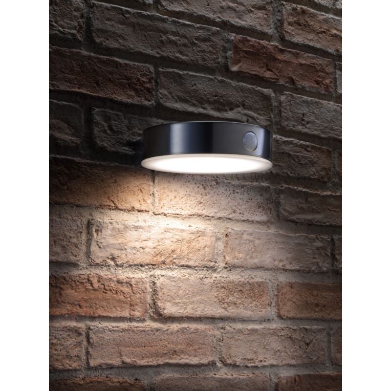 Solar Powered Dusk to Dawn and PIR Sensor Wireless Outdoor Garden Security LED Wall Light in Stainless-Steel Slim Round Sconce Design - Auraglow