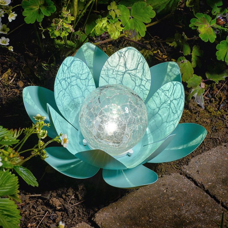 Solar Powered Garden Metal & Glass Water Lily Lotus Flower led Light Lantern Outdoor Table Lamp - blue - Auraglow