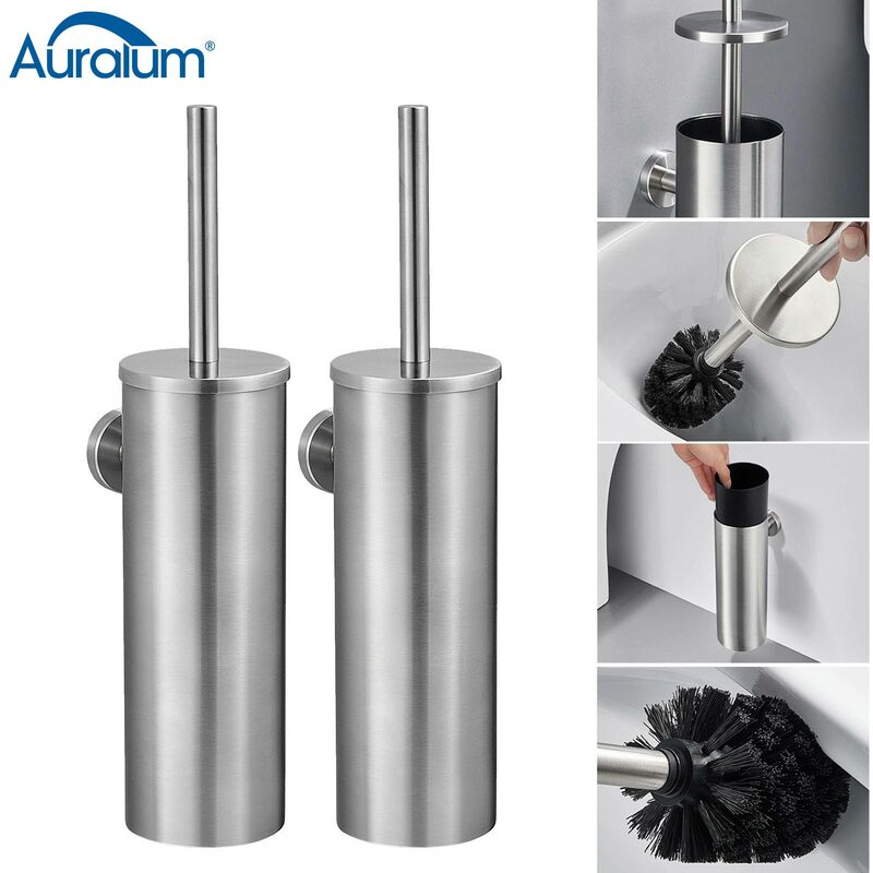 Auralum - 2x Escobillero Baño de pared con tapa Escobilla wc de Acero Cepillado, a prueba de salpicaduras, Antiolor, Con cepillo de limpieza de 360º