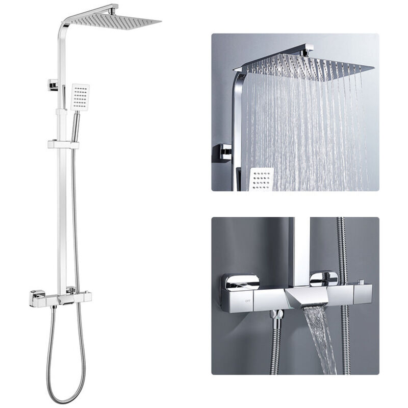 Colonne de douche Thermostatique en Acier Inox, 3 Fonctions Ensemble de douche Chromé avec Bec inférieur, Haute Réglable 98-129 cm