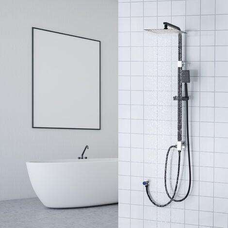 Auralum 2 Funktionen Edelstahl Duschsystem ohne Wasserhahn schwarz mit Regendusche 25x25 cm, inkl. Handbrause, Regenbrause, verstellbarer Duschstange, Wandmontage