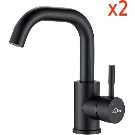 Auralum Robinet de Lavabo Sept-forme Mitigeur Eau Froide et Chaude en Acier Inox Rotation à 360° Robinet de Vasque à Poser Hauteur Total 250mm pour Salle de Bains, Noir