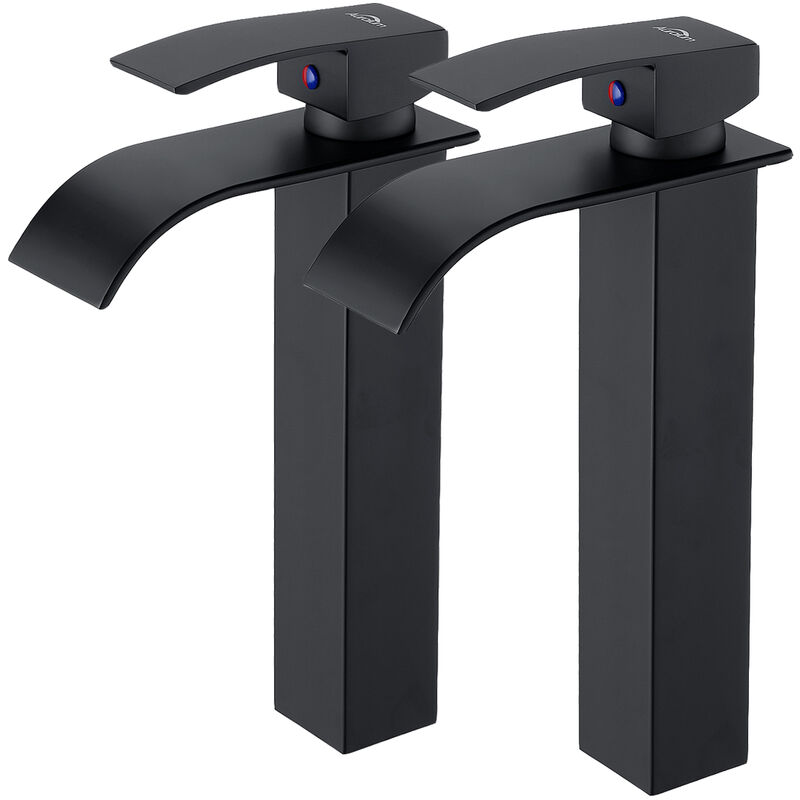 Auralum 2PCS Robinet Lavabo Cascade Noir Bec Haut Moderne Mitigeur Robinet Salle Bain pour Vasque à Poser Robinetterie Convient pour le Lavabo