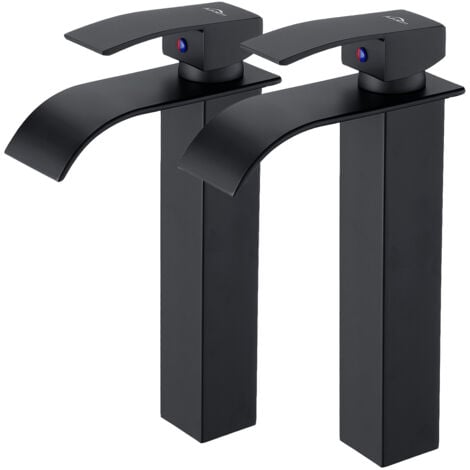 Auralum 2PCS Robinet Lavabo Cascade Noir Bec Haut Moderne Mitigeur Robinet Salle Bain pour Vasque à Poser Robinetterie Convient pour le Lavabo au-dessus du Comptoir