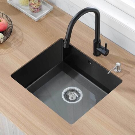 AURALUM MAX Auralum 50x43cm Lavello Cucina Incasso in Acciaio Inox Con Gocciolatoio e Sifone Lavelli Da Cucina 1 Vasca Nero (Lavastoviglie Collegabile)