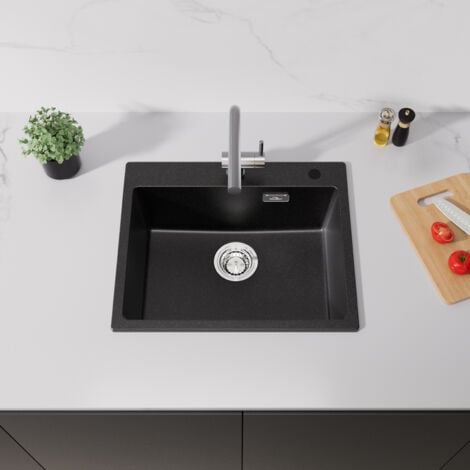 AURALUM MAX Auralum 55 x 45 cm Lavello da Cucina 1 Vasca in granite Nero, Lavandino Cucina Quadrato Lavello da banco, con Troppopieno e Sifone, Protezione Ambientale