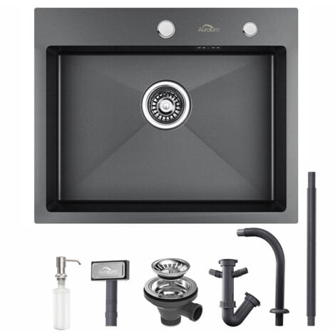 Auralum 55 x 45 x 18.5 cm Lavello Cucina 1 Vasca in Acciaio Inox Nero/grigio scuro Lavello Incasso Vasca Singola con 2 fori di montaggio per rubinetto e distributore di sapone