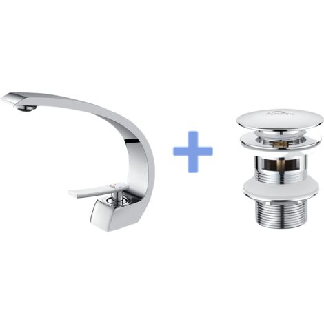 Auralum – Mitigeur lavabo en laiton monotrou – Finition chromée – Mousseur démontable – Bonde pop-up avec trop-plein automatique – Hauteur 220mm