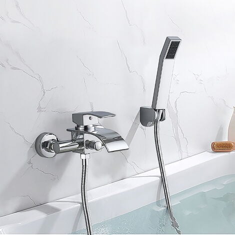 Auralum Bad Wannenarmatur Badarmatur Duscharmatur mit Handbrause, Einhand Wannenbatterie Dusche Wannenmischer Duschset Duschsystem, inkl. Wandhalterung, Wasserfall Armatur und Brause