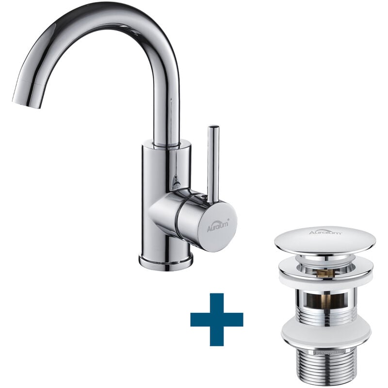 Auralum Badarmatur 360° Drehbar Waschtischarmatur Badwasserhahn + Siphon mit POP UP Ablaufgarnitur mit Überlauf, Chrom