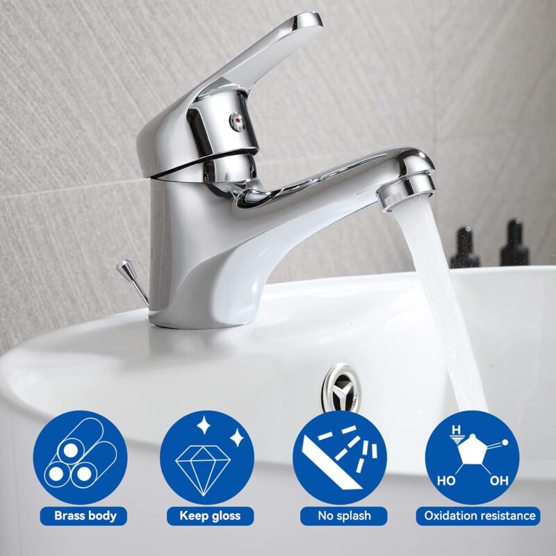 Auralum - Robinet avec Tirette et Bonde Robinet Salle Bain en Laiton, Mitigeur Lavabo, Hauteur du Bec 105mm, Robinet Lavabo Salle de Bain Simple,