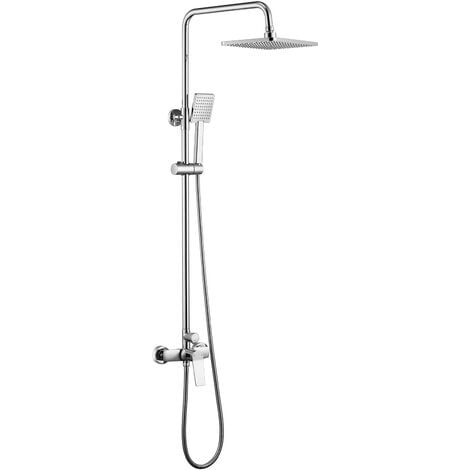 Auralum Colonna Doccia con Miscelatore in ottone, Set de doccia Quadrato a 2 funzioni con Soffione e Doccetta, con Ugelli Anticalcare, Asta doccia regolabile 90-124 cm dopo l'installazione, Cromo