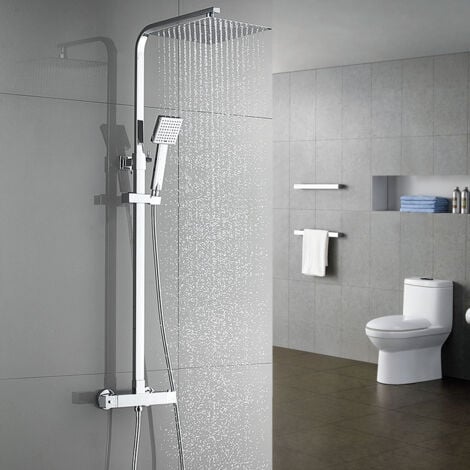 Auralum Colonna Doccia con Miscelatore Termostatico, Sistema Doccia Antiscottatura, Set Doccia con Soffione a 25cm Pioggia e 8.3cm Doccetta, Altezza Regolabile 80-120 cm