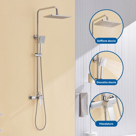 Auralum Colonna Doccia Miscelatore Quadrato, Set doccia a 2 funzioni con Soffione e Doccetta, Colonna doccia altezza regolabile dopo l'installazione 90-124 cm, Cromo