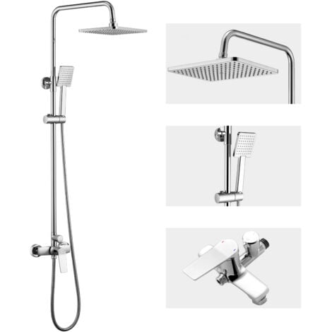 Auralum Colonne de Douche avec Mitigeur Douche Monocommande, Ensemble de Douche Réglable en Hauteur, Mitigeur Mécanique Système de Douche avec Tête de Douche et Douchette, Chromé
