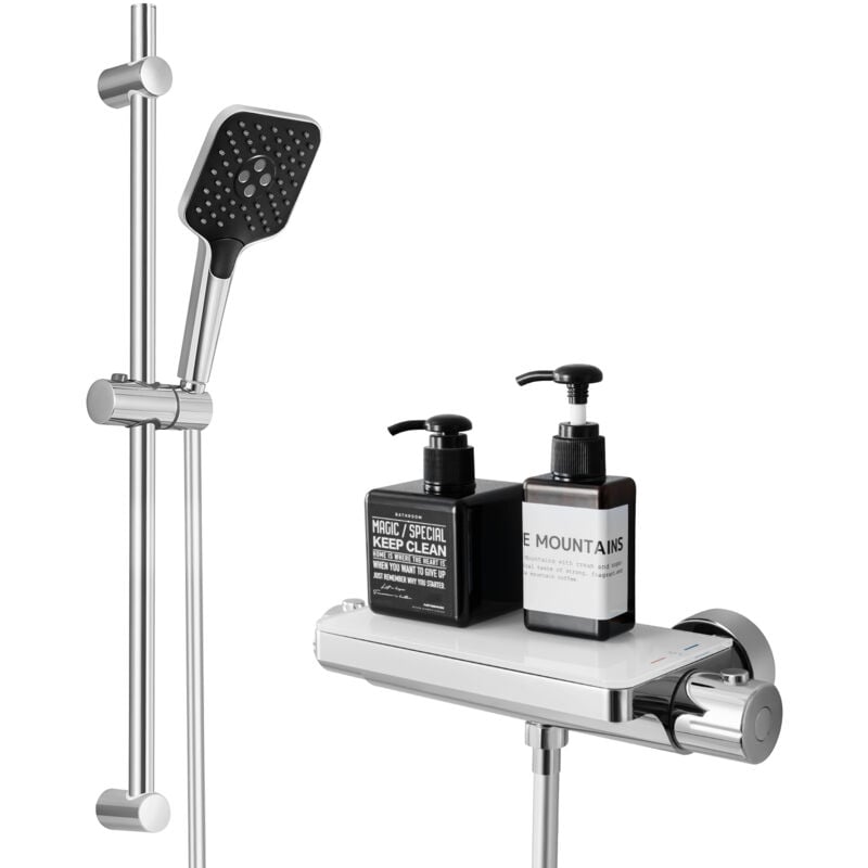 Ensemble de Douche avec Etagère et Douchette à Main 3 Fonctions, Chromé Colonne de Douche Thermostatique avec 38°C Mitigeur