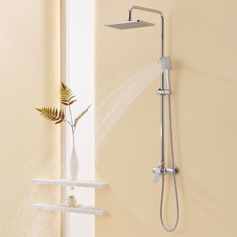 Auralum Colonne de Douche avec Mitigeur Hauteur Réglable entre 90-124cm, Colonne de Douche Chromé avec Douchette 29x19cm et Pommeau de Douche pour Salle de Bain