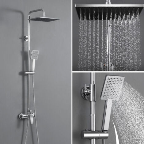 Auralum Colonne de Douche avec Mitigeur Monocommande, Hauteur Réglable Ensemble de Douche avec Douchette, Pommeau de Douche et Barre de Douche, Systeme de Douche Pluie pour Salle de Bain