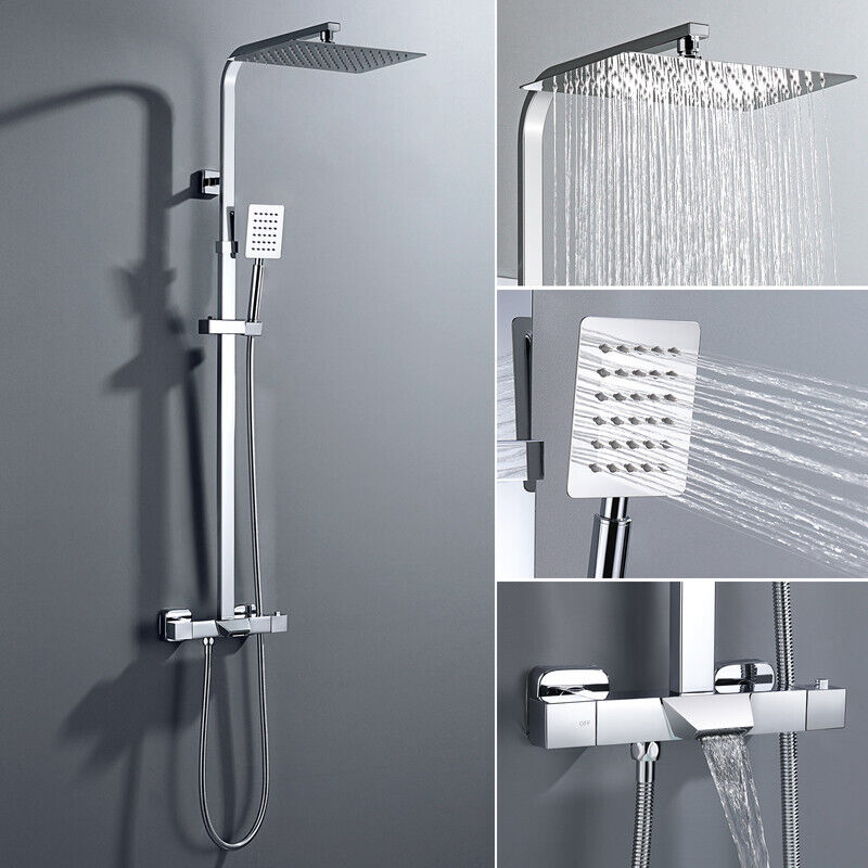 Colonne de Douche avec Mitigeur thermostatique, Haute Réglable 98-129 cm, Ensemble de Douche en Acier Inox, Pomme haute 30x20 cm