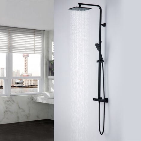 Auralum Colonne de Douche Noir avec Mitigeur Thermostatique 2 Fonctions Ensemble de Douche Design Carré Set de Douche Haute Réglable Salle de Bain