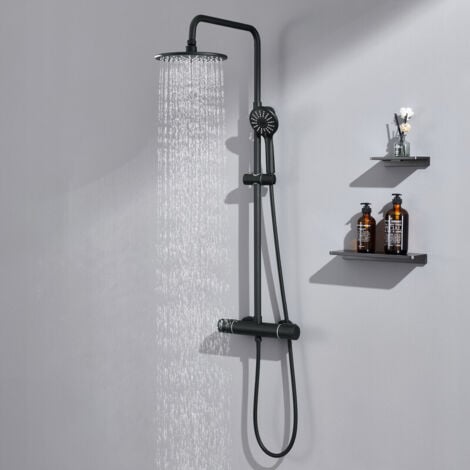 Auralum Colonne de Douche Noir avec Mitigeur Thermostatique de 38°C, Mitigeur Douche avec 9" Tête de Douche et Pommeau à Main 3 Jets, Système de Douche Hauteur Réglable 840-1210mm
