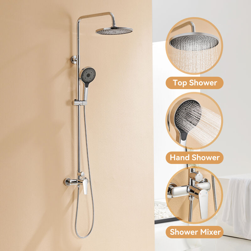 Auralum Colonne de douche Chromé Ensemble de Douche avec 26x26cm Douche de Tête Douchette Ronde avec 3 Jets D'eau, Colonne Douche en Laiton, Haute