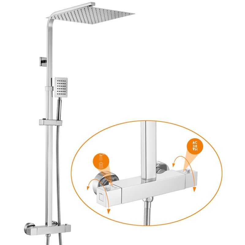 Colonne de Douche Thermostatique, 2 Fonctions Ensemble de Douche avec Pomme haute Carré de 12 pouces, Haute Réglable 90-116cm - Auralum