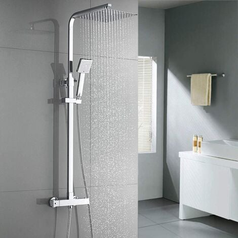 Auralum Colonne de Douche Thermostatique Chromé 2 Fonctions Ensemble de Douche avec Douchette de tête ultra-mince de 10 pouces, Haute Réglable pour Salle de Bain