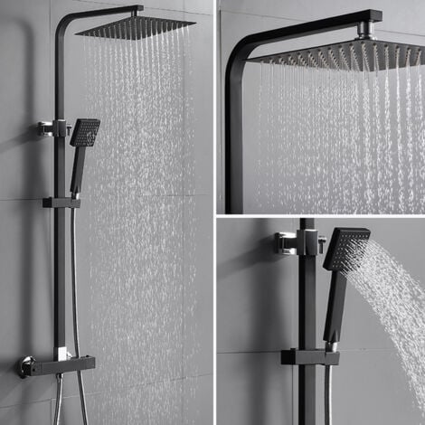 Auralum Colonne de Douche Thermostatique Ensemble de Douche Noir Hauteur Réglable Set de Douche Noir avec Mitigeur Systeme de Douche Pluie pour Salle de Bain