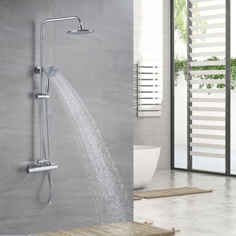 Auralum Colonne de Douche Thermostatique Ensemble de Douche Ronde en Laiton Système de Douche Hauteur Réglable 84 - 121 cm Set de Douche Douchette avec 3 Jets D’eau Chromé