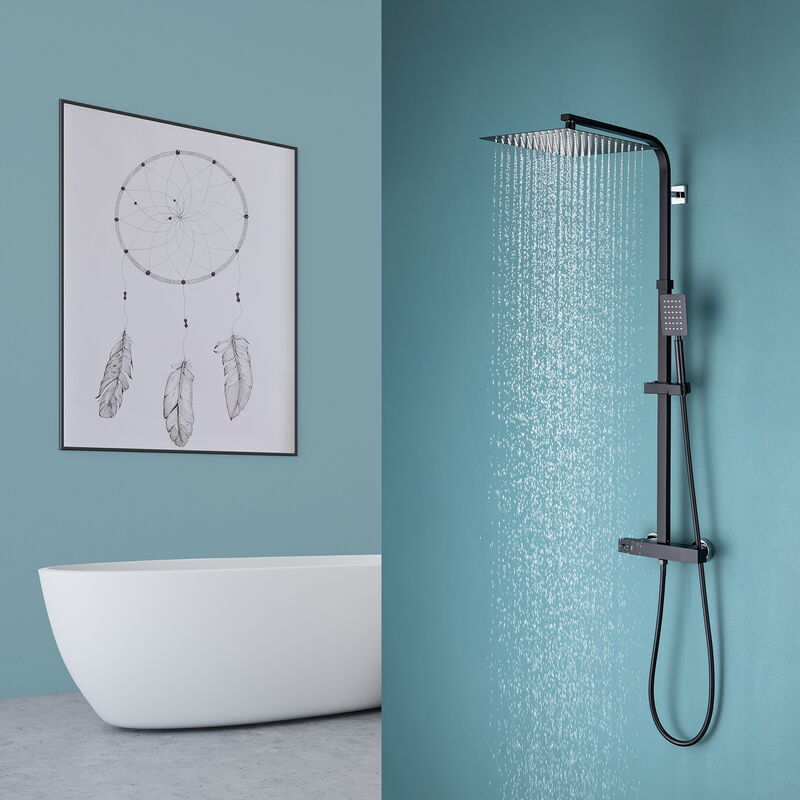 Colonne de Douche Thermostatique Noir Ensemble de Douche Système avec Douche de Tête Supérieur Ultra-mince de 15.7 Pouces Set de DoucheDesign Moderne