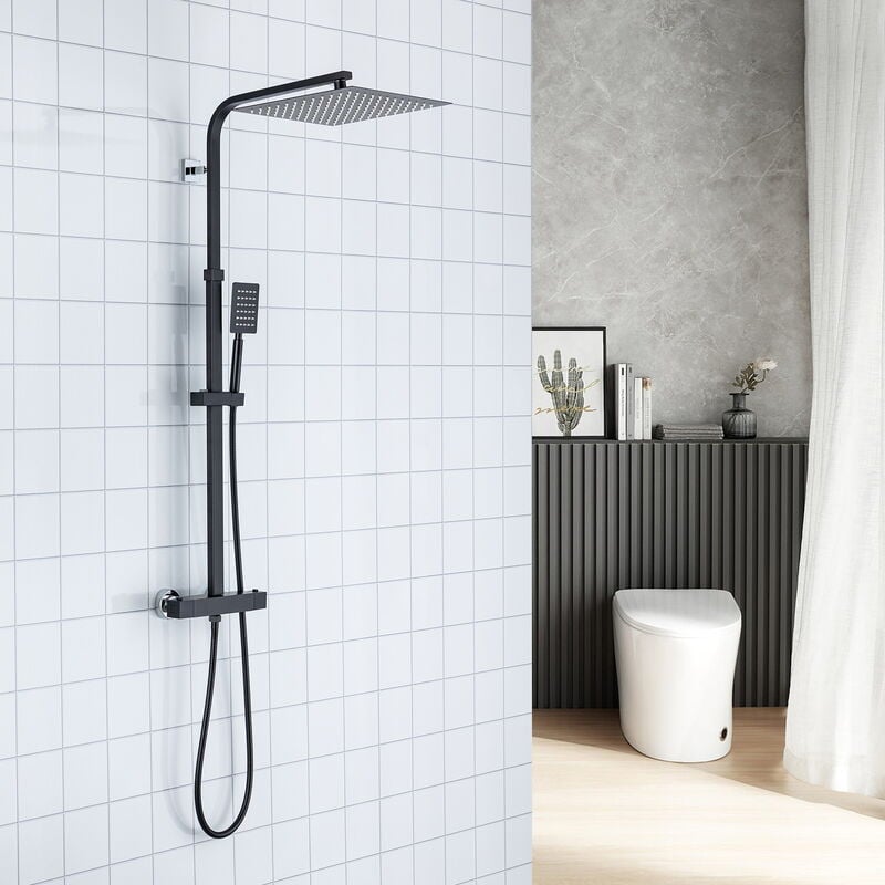 Colonne de Douche Thermostatique Noire Ensemble de Douche Mitigeur Thermostatique en Laiton Douche Anti-Brûlure Hauteur Réglable pour Salle de Bain