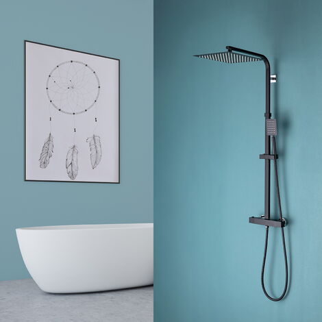 AuraLum Ensemble de Douche Noire Luxe Carré Moderne Interrupteur à poignée Salle de bain WC Colonne de Douche Système de Douche Showerpipe Avec Douchette Hauteur Réglable 900-1300 mm