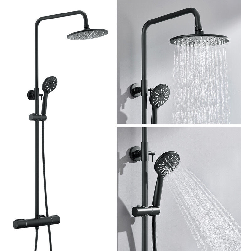 Colonne Douche Thermostatique Noir avec Mitigeur Thermostatique de 38°C,Colonne Douche Réglable Hauteur 840-1210mm,Tête Douche/Pommeau à Main 3 Jets