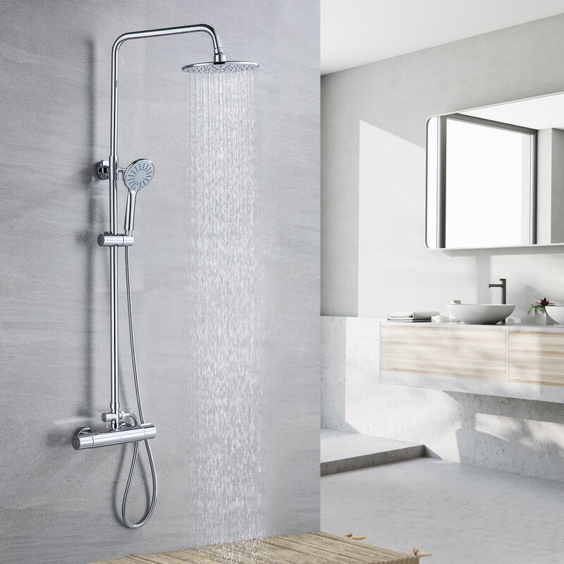 

Columna de ducha con Grifo Negro Multifuncional Cuadrado Conjunto de Ducha con 9 pulgadas Ducha Lluvia+Ducha de Mano con boquillas anticalcáreas,