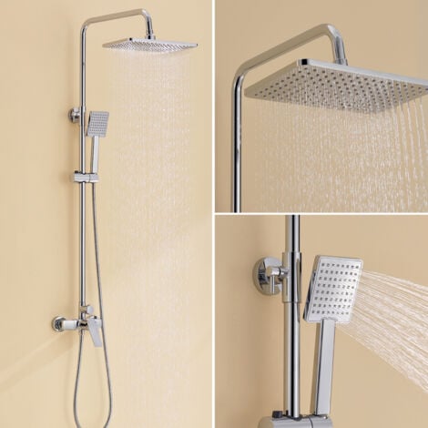 Auralum Columna de ducha Cromo, 2 Funciones Conjunto de Ducha con Ducha de lluvia cuadrada 292x190mm y Teleducha, con boquillas anticalcáreas, Altura Ajustable 900-1240MM