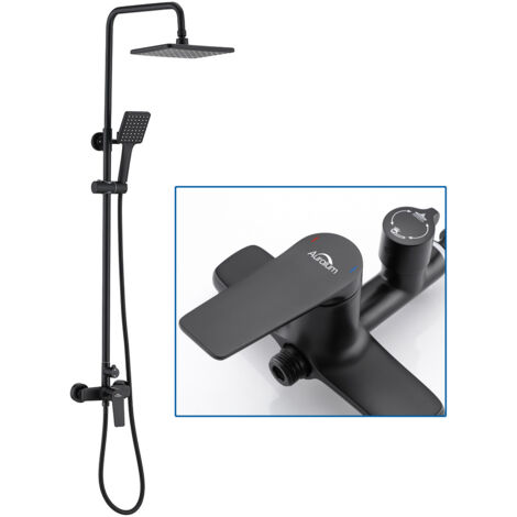 AURALUM - Columna de ducha - Negra - Conjunto de ducha con ducha fija de 26 x 19 cm - Ducha de mano cuadrada - Ducha de latón Columna - Altura ajustable 90-120 cm para baño