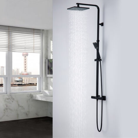 Auralum Columna de Ducha Termostática Negra, Sistema antiquemaduras, Conjunto de Ducha Termostática con Rociador de ducha y Teleducha, Barra de ducha Ajustable 110-137cm