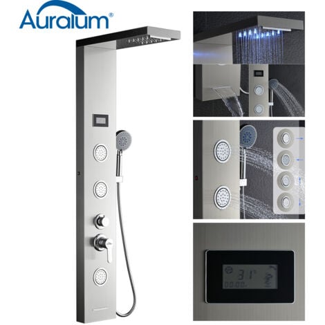 AuraLum Columna hidromasaje para ducha con LED Alcachofas + LCD Pantalla de temperatura + 5 salida de agua,color plateado