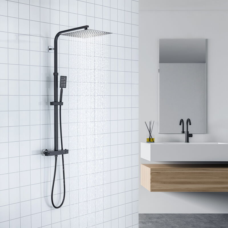 

Conjunto de ducha con Grifo Negro 3 Funciones Cuadrado Columna de Ducha con 9 pulgadas Ducha Lluvia+Ducha de Mano con boquillas anticalcáreas, Altura