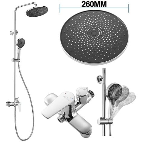 Auralum Conjunto de Ducha con Mezclador 2 Funciones Columna de Ducha Redondo con Ducha de lluvia 26CM y Teleducha con 3 modos, Altura ajustable tras la instalación, Cromado