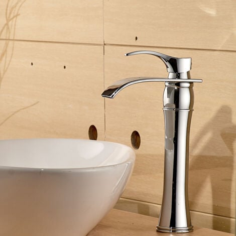 Auralum Cromo Bagno Monocomando Miscelatore Rubinetto Alta a Cascata per Lavabo, con Bocca Alta di Erogazion, Fredda e Calda Regolabile