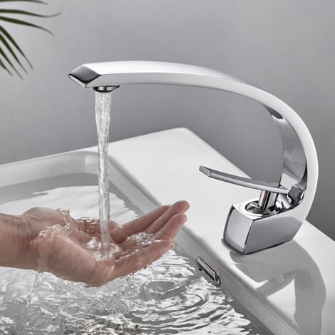 Auralum Cromo Curvo Rubinetto Lavabo Bagno, Miscelatore Lavabo Monocomando, Rubinetto Lavabo, Acqua Fredda e Calda