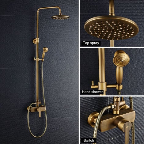 Auralum Duscharmaturen Set Messing Duschsystem Überkopfbrause Regendusche Duschset Handbrause Duschkopf Vintage Design golden