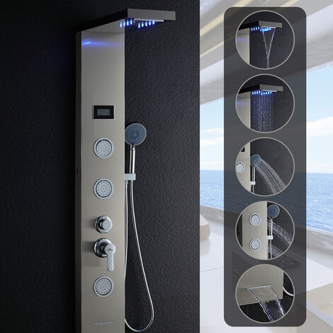 Auralum Duschpaneel aus Edelstahl LED LCD Duschpaneel-System Duschpaneele Multifunktionales Wasserfall Duschsäule mit 3 Massagedüsen für Badezimmer