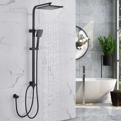 Auralum Duschset Duschsystem ohne Armatur, Regendusche Duschsäule mit verstellbar Duschstange, Schwarz