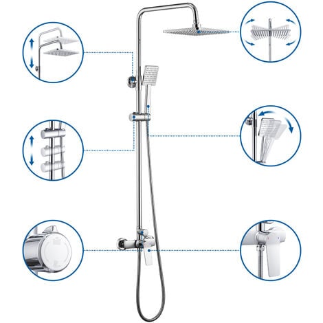 Auralum Duschset Quadrat Duschsäule Duschsystem, Chrom Regendusche Duschset mit Kopfbrause eckig und Handbrause, Höhenverstellbare Duschstange für Dusche und Badezimmer